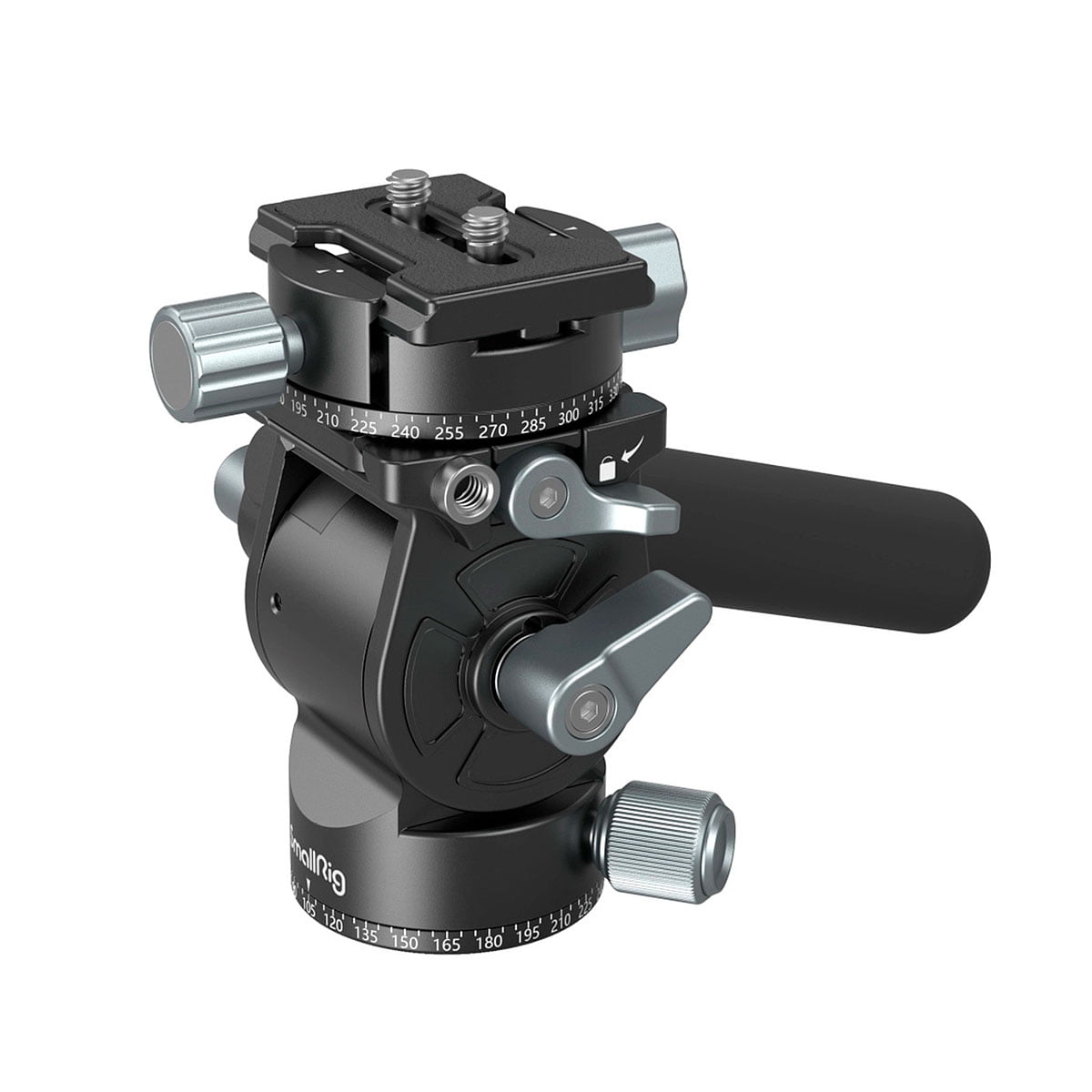 SmallRig 3457 Lightweight Fluid Video Head on musta-hopea jalustapää, jossa on nupit, kahva ja asteen merkinnät kameran tarkkaa asemointia varten valokuvauksessa tai videokuvauksessa.