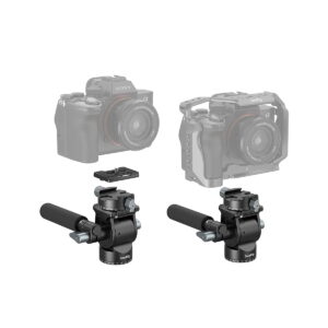 In the foreground are two SmallRig 3457 Lightweight Fluid video heads with handles and quick-release plates, and in the background are two semi-transparent digital cameras with lenses attached.