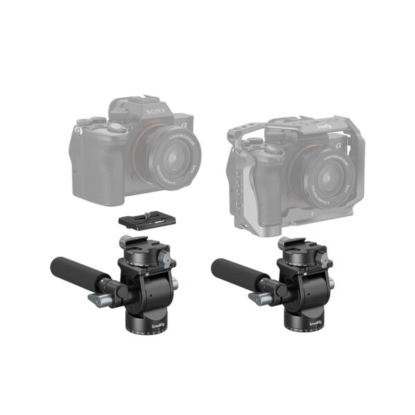 In the foreground are two SmallRig 3457 Lightweight Fluid video heads with handles and quick-release plates, and in the background are two semi-transparent digital cameras with lenses attached.