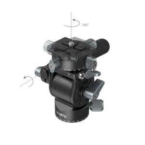 The SmallRig 3457 Lightweight Fluid Video Head is a black and silver tripod head with adjustment knobs, a quick-release plate at the top and rotation arrows indicating 360° pan and tilt movement. The SmallRig brand name appears on the bottom.