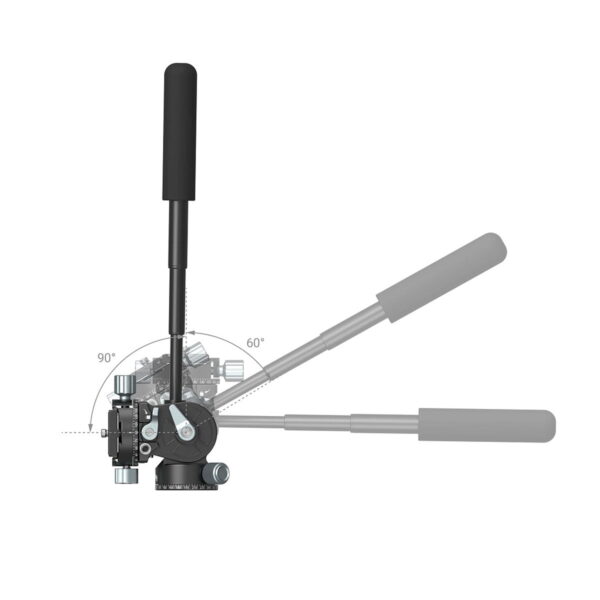 The SmallRig 3457 Lightweight Fluid video head with black handle is shown in vertical, 60 degree and 90 degree angles with a semi-circular protractor to show its range of motion.