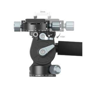 Side view of the SmallRig 3457 Lightweight Fluid video head, black and silver, with knobs, angle markings, handle with PUSH release mark and arrow, and top with 24 mm gauge.