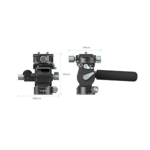 The SmallRig 3457 Lightweight Fluid video head, pictured in black with knobs and handle, is visible from the front and side and measures 100 mm wide, 99 mm high and 79 mm deep.