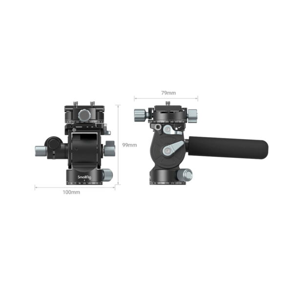 The SmallRig 3457 Lightweight Fluid video head, pictured in black with knobs and handle, is visible from the front and side and measures 100 mm wide, 99 mm high and 79 mm deep.