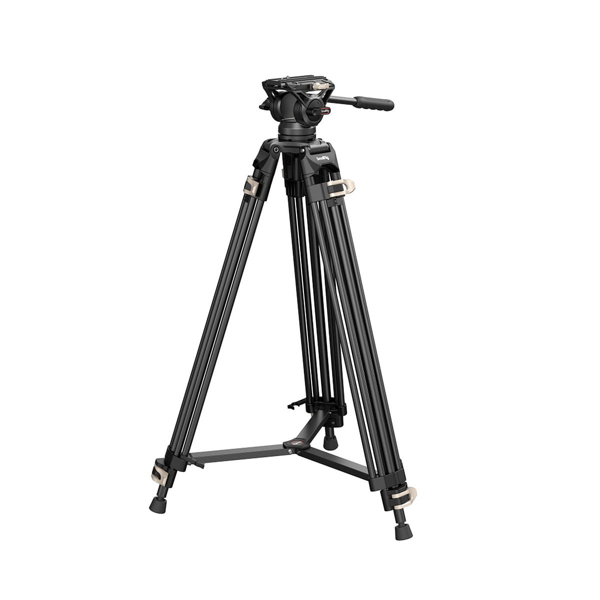 SmallRig 3751 Heavy-Duty Fluid Head Tripod AD-01 on musta, ammattikäyttöön tarkoitettu kolmijalka, jossa on säädettävät jalat, nestepää, kahva ja lukitusmekanismi.