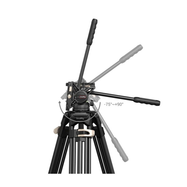 SmallRig 3751 Heavy-Duty Fluid Head Tripod AD-01, pictured in black, includes a pan and tilt head with handles that tilt from -75° to +90° in three positions, indicating its adjustable movement.