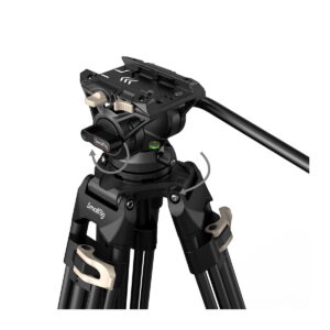 Close-up of the SmallRig 3751 Heavy-Duty Fluid Head tripod AD-01, black and beige, with knobs, bubble level, handle, brand logo and directional rotation arrows.