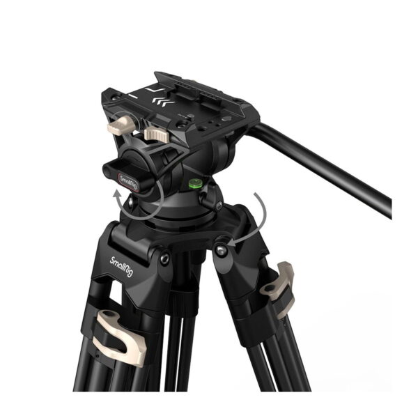 Close-up of the SmallRig 3751 Heavy-Duty Fluid Head tripod AD-01, black and beige, with knobs, bubble level, handle, brand logo and directional rotation arrows.