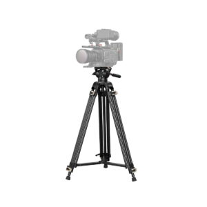 The SmallRig 3751 Heavy-Duty Fluid Head Tripod AD-01, black, supports a professional video camera and has adjustable feet, all set against a white background.