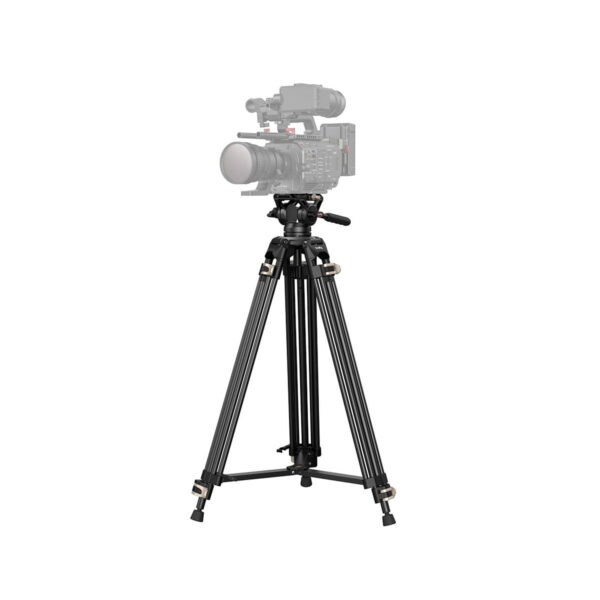 The SmallRig 3751 Heavy-Duty Fluid Head Tripod AD-01, black, supports a professional video camera and has adjustable feet, all set against a white background.