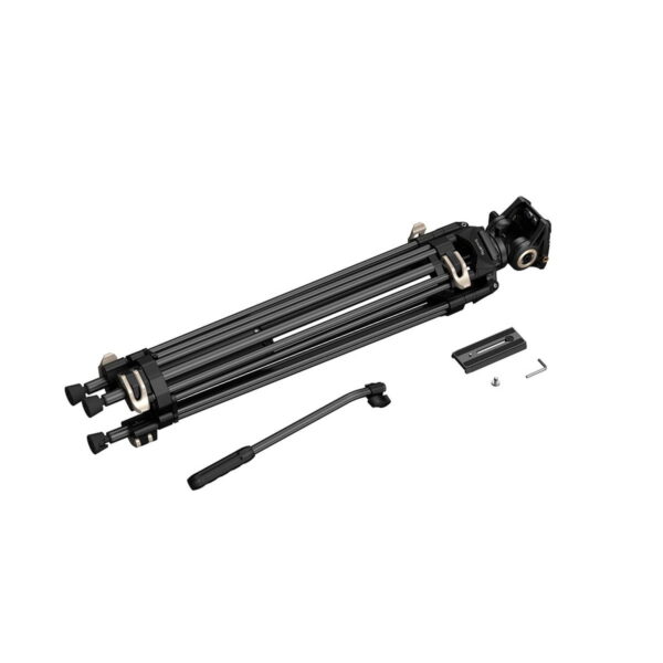 The folded SmallRig 3751 Heavy-Duty Fluid Head Tripod AD-01 stands next to its handle, quick release plate and small hex wrench on a white background.