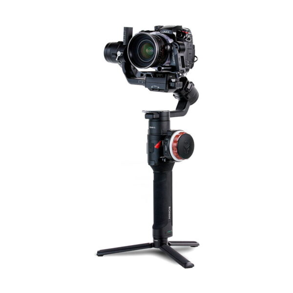 The Nucleus-Nano Wireless Focus Control System appears against a white background, and is mounted on a manual gimbal with a folding tripod for smooth and stable video shooting.