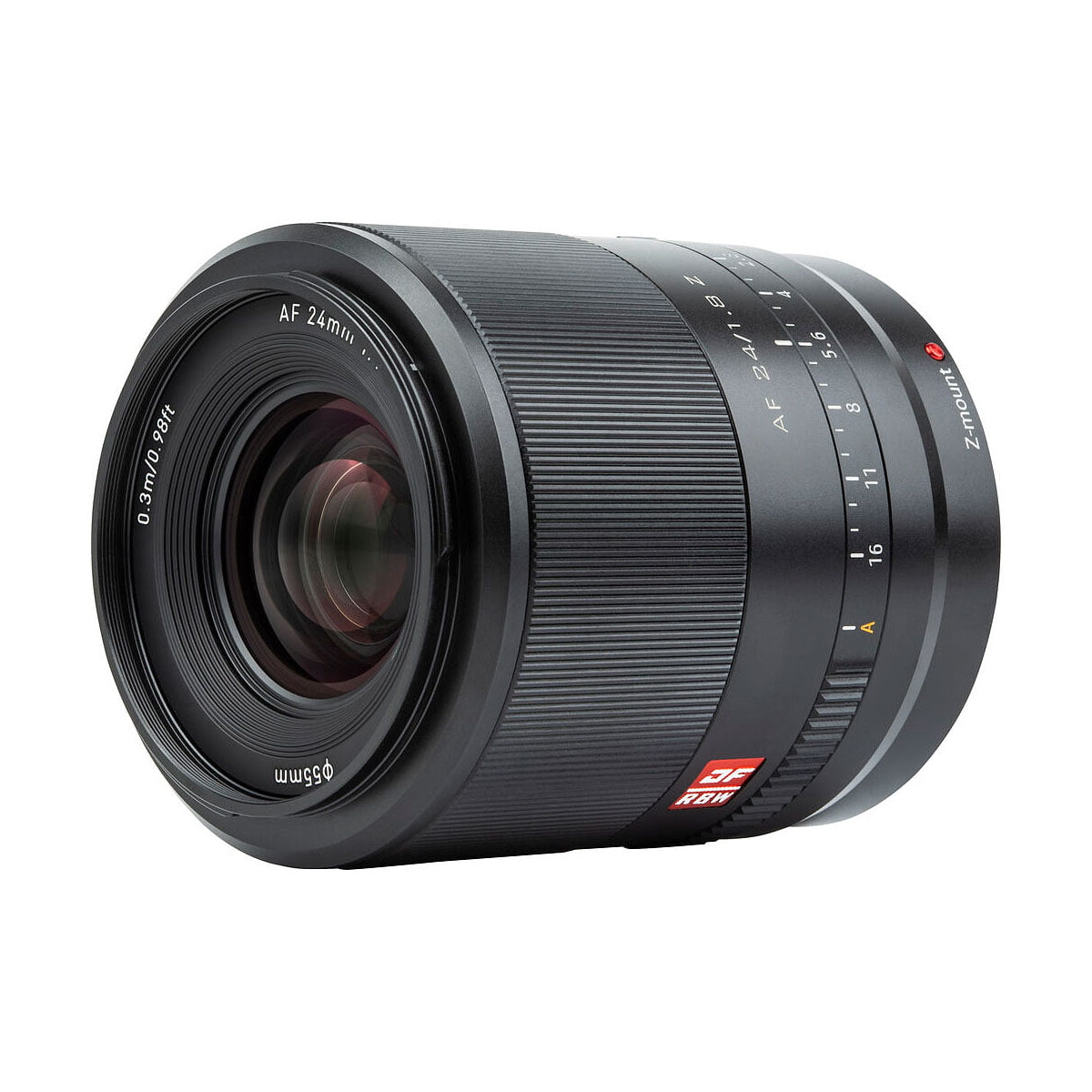 Viltrox AF 24mm f/1.8 -objektiivi Nikon Z:lle on esitetty mustana, ja se on taivutettu niin, että etulasi, tarkennusrengas, aukon merkinnät ja tynnyrissä olevat tuotemerkit näkyvät.