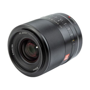 The black Viltrox AF 24mm f/1.8 lens for Nikon Z with focus and aperture markings, textured focus ring and red and white markings is visible against a white background.