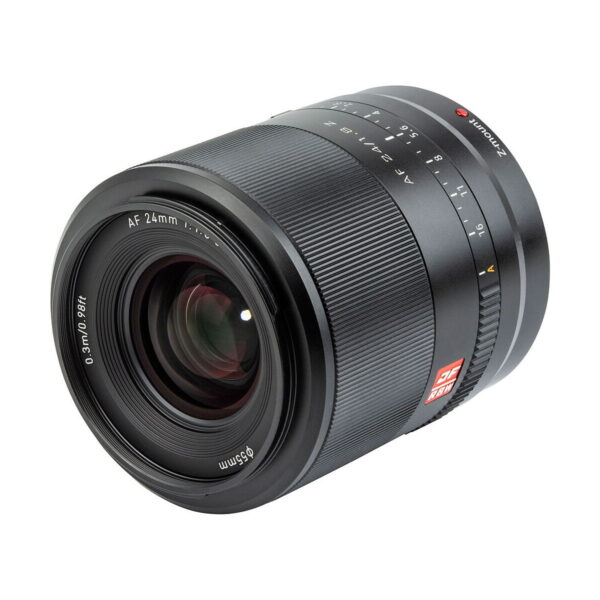 The black Viltrox AF 24mm f/1.8 lens for Nikon Z with focus and aperture markings, textured focus ring and red and white markings is visible against a white background.