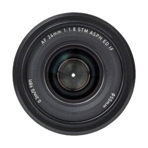 Viltrox AF 24mm f/1.8 lens, top image of Nikon Z lens marked "AF 24mm 1:1.8 STM ASPH ED/IF, 0.3m/0.98ft, Ø55mm"; lens glass is centered and surrounded by black rings.