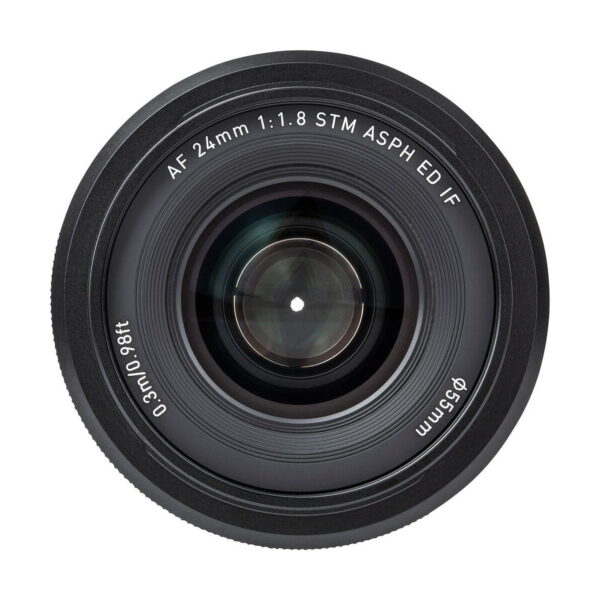 Viltrox AF 24mm f/1.8 lens, top image of Nikon Z lens marked "AF 24mm 1:1.8 STM ASPH ED/IF, 0.3m/0.98ft, Ø55mm"; lens glass is centered and surrounded by black rings.