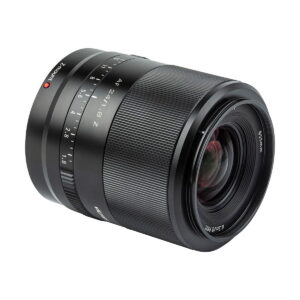 Black Viltrox AF 24mm f/1.8 lens for Nikon Z with visible focus rings and aperture rings, branding and a wide front element, isolated on a white background.