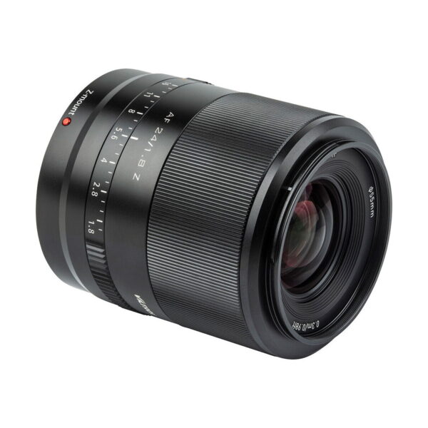 Black Viltrox AF 24mm f/1.8 lens for Nikon Z with visible focus rings and aperture rings, branding and a wide front element, isolated on a white background.