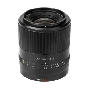 The Viltrox AF 24mm f/1.8 lens for Nikon Z, with the black barrel with the text "AF 24/1.8 Z" and aperture markings, stands upright against a white background.