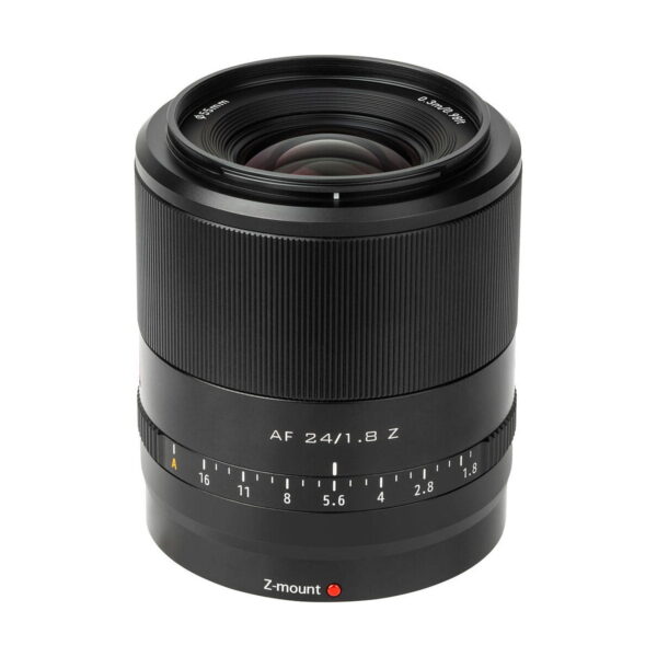 The Viltrox AF 24mm f/1.8 lens for Nikon Z, with the black barrel with the text "AF 24/1.8 Z" and aperture markings, stands upright against a white background.