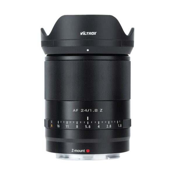The Viltrox AF 24mm f/1.8 lens, Nikon Z, with black body, ribbed focus ring, aperture markings and petal-shaped backlight protection, is shown upright against a white background.
