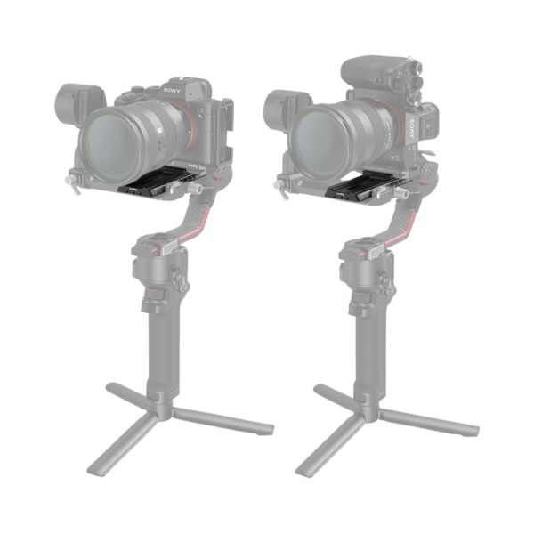 Two digital cameras on handheld tripod mounts are photographed side by side against a white background, partially faded to highlight the SmallRig 3061 QR plate on the Ron RS2/RSC2 mounting plates.