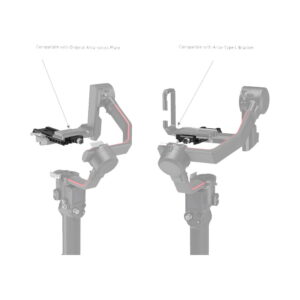 The two camera mounts are side by side, which emphasizes compatibility: the left one has the SmallRig 3061 QR plate for the Ron RS2/RSC2 with the original Arca swiss plate, while the right one uses the Arca-Type L mount.