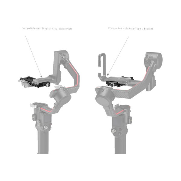The two camera mounts are side by side, which emphasizes compatibility: the left one has the SmallRig 3061 QR plate for the Ron RS2/RSC2 with the original Arca swiss plate, while the right one uses the Arca-Type L mount.