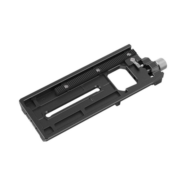 The SmallRig 3061 QR Plate for the Ronin RS2/RSC2 is a black metal quick release plate with notched adjustment rail, sliding mechanism and silver tension knob designed for mounting cameras on tripods.