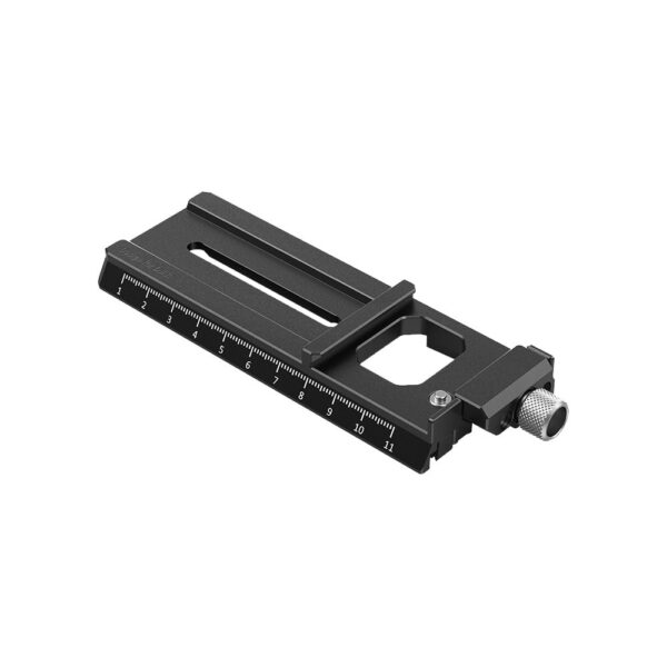 The SmallRig 3061 QR plate for the Ronin RS2/RSC2 is a black metal camera mounting plate with a slide rail, measurement markings and a silver control knob, shown isolated on a white background.