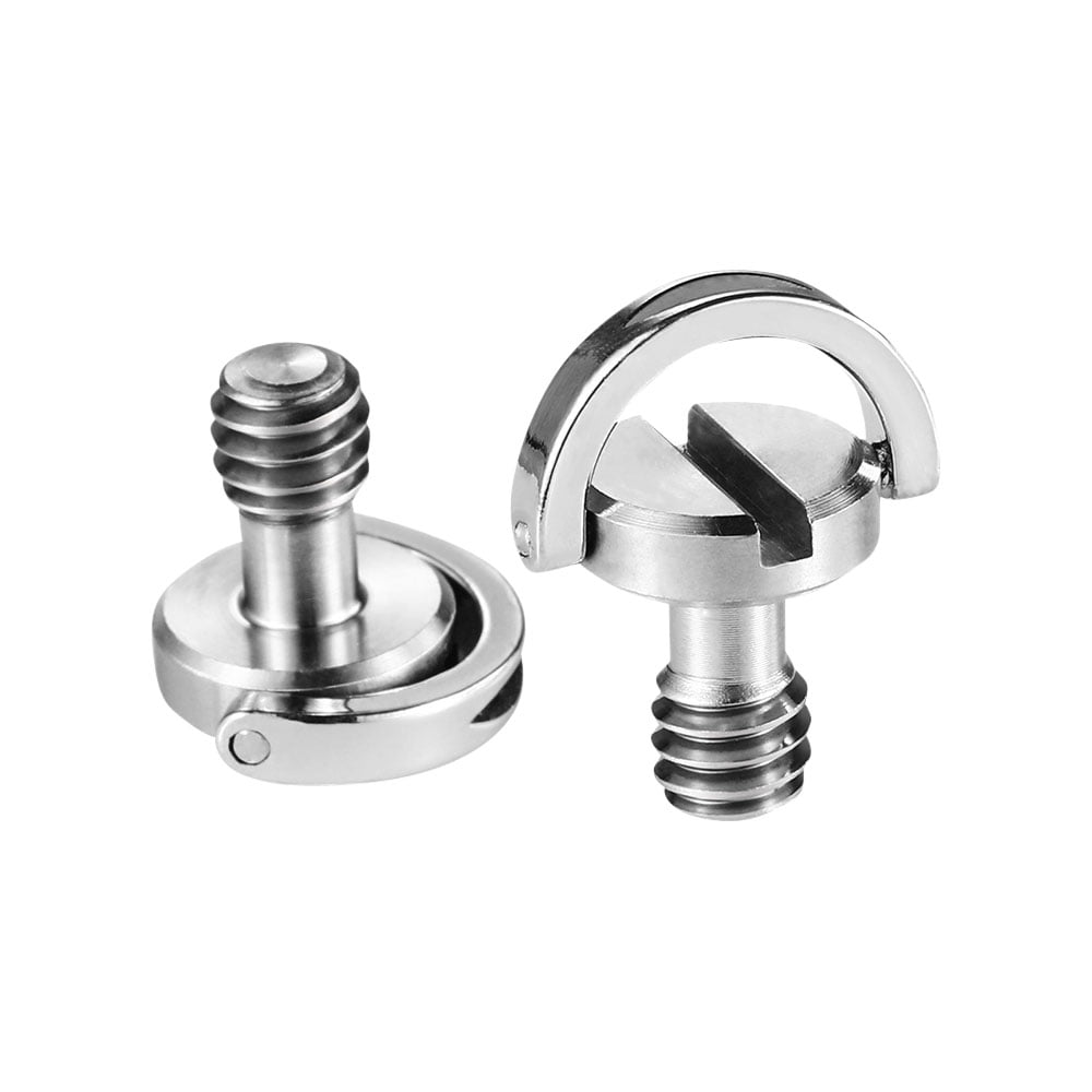 Two SmallRig 838 1/4" quick release camera mounting screws with slotted heads and folding D-rings are shown from several different angles on a white background.