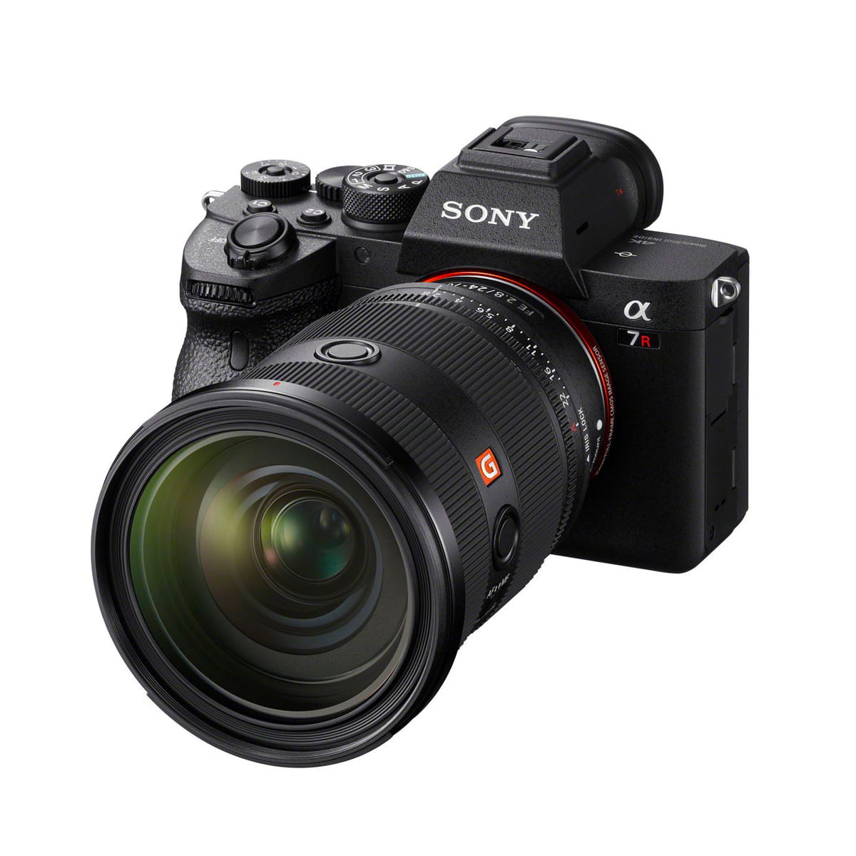sony_24-70_mm_gm_ii_02 Black Sony Alpha 7R digital mirrorless camera with Sony FE 24-70mm f/2.8 GM II lens, lens, buttons and viewfinder mounted on a white background.