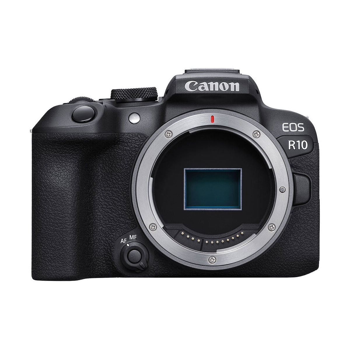 Musta Canon EOS R10 -järjestelmäkameran runko näkyy edestä ilman objektiivia, ja kameran kenno näkyy objektiivin sisällä.
