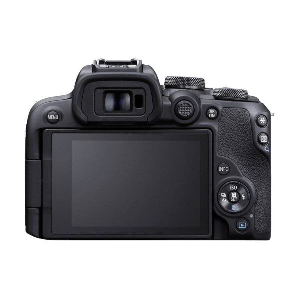 Kuvassa on Canon EOS R10 -järjestelmäkameran takanäkymä, jossa on suuri nestekidenäyttö, useita ohjauspainikkeita, kuvioitu oikeanpuoleinen kahva ja näkyvä etsin ja toimintatilan valitsin yläreunassa.