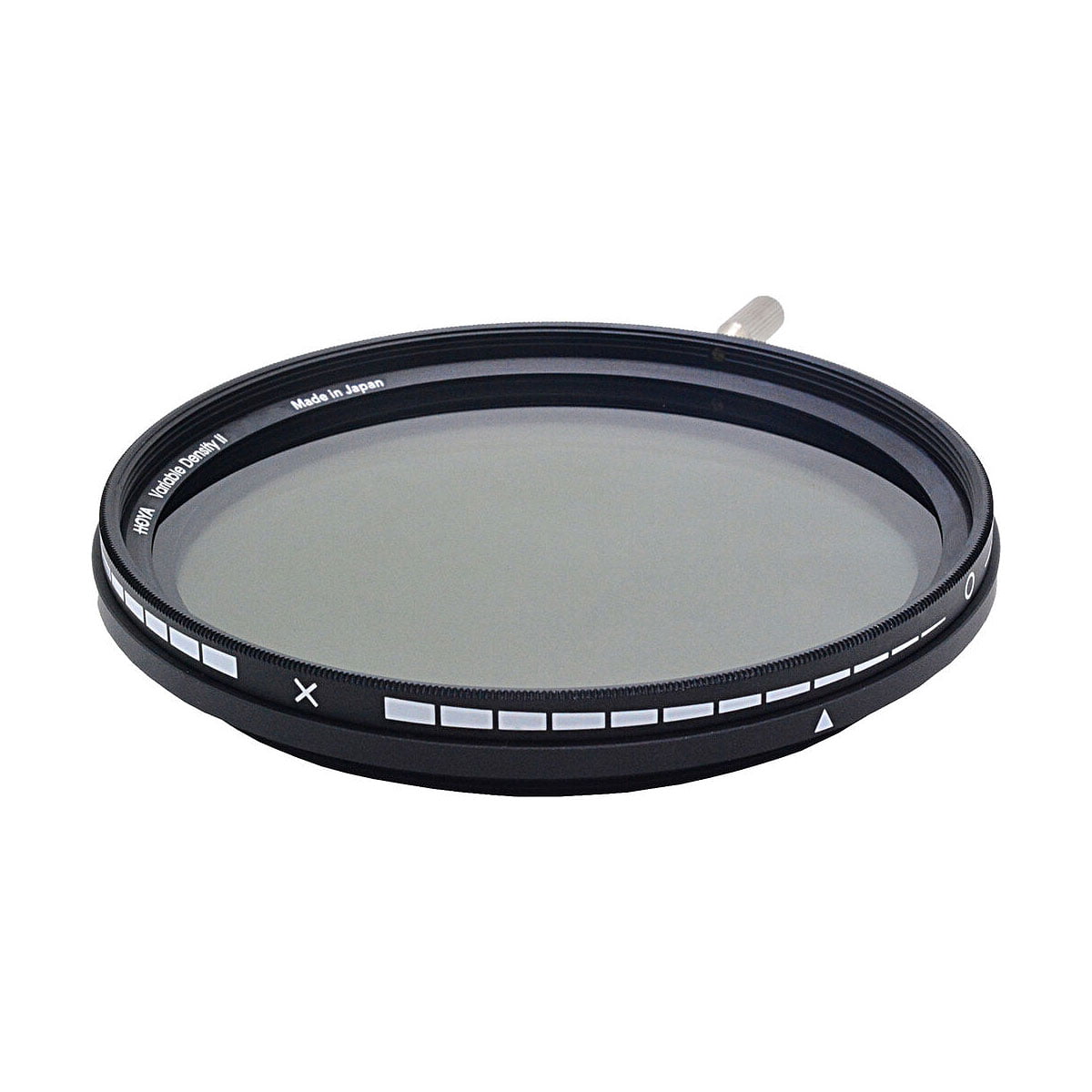 Hoya Variable Density II 82mm -säädettävä harmaasuodin, jossa on musta kehys ja yksityiskohtaiset merkinnät, lepää valkoisella pohjalla.