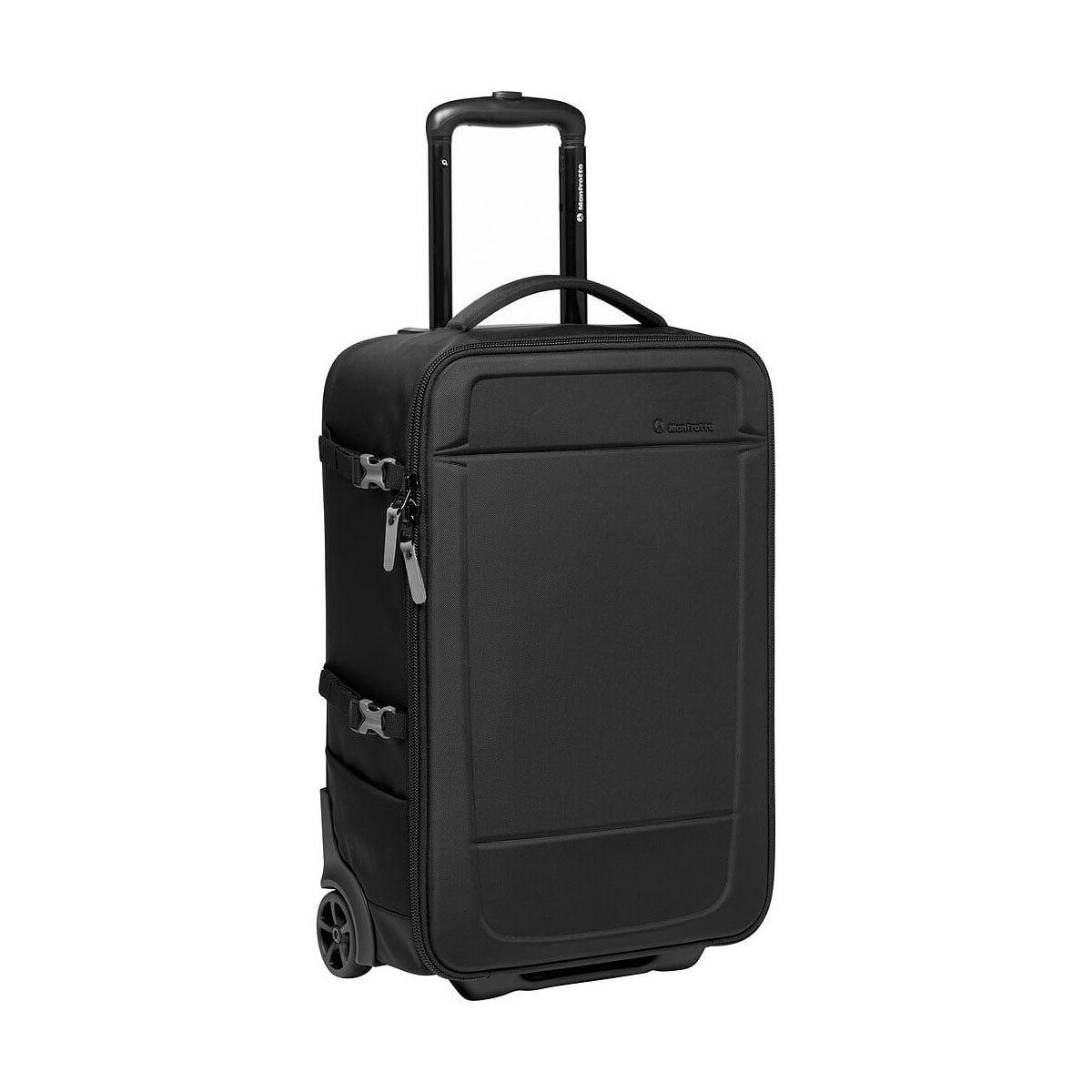 Manfrotto Rolling Bag Advanced III on musta matkalaukku, jossa on sisäänvedettävä kahva, kaksi pyörää, vetoketjullinen etutasku ja sivusoljet.