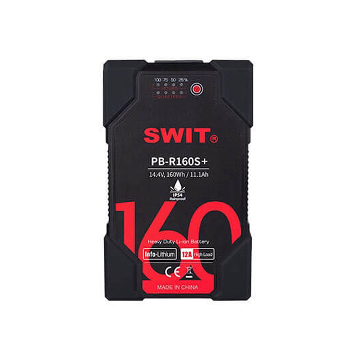 Swit PB-R160S+ 160Wh Heavy Duty IP54 V-mount -akku, jossa on 14,4V, 11,1Ah kapasiteetti, musta kotelo, punainen ja valkoinen teksti sekä merkkivalot päällä.
