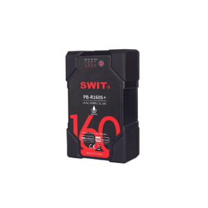 Swit_160Wh_PB-R160S_002 Mustassa Swit PB-R160S+ 160Wh Heavy Duty IP54 V-mount -akussa, jossa on punainen ja valkoinen merkintä, on kulmikkaat reunat ja yläosan näyttöpaneeli.