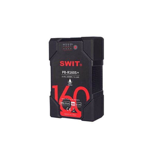 Swit_160Wh_PB-R160S_002 Mustassa Swit PB-R160S+ 160Wh Heavy Duty IP54 V-mount -akussa, jossa on punainen ja valkoinen merkintä, on kulmikkaat reunat ja yläosan näyttöpaneeli.