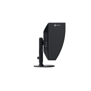 Musta Eizo 27" ColorEdge CG2700S -monitori näkyy sivukuvassa jalustallaan, ja sen ohut profiili ja kaksi USB-porttia korostuvat sivussa valkoista taustaa vasten.