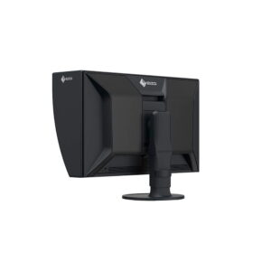 Musta Eizo 27" ColorEdge CG2700S -monitori takaa vasemmalta katsottuna, jossa on säädettävä jalusta, kiinnitetty huppu, mattapintainen viimeistely ja takana näkyvä EIZO-logo.
