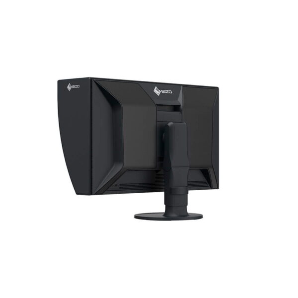 Musta Eizo 27" ColorEdge CG2700S -monitori takaa vasemmalta katsottuna, jossa on säädettävä jalusta, kiinnitetty huppu, mattapintainen viimeistely ja takana näkyvä EIZO-logo.