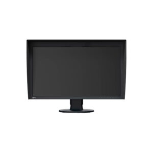 Eizo 27" ColorEdge CG2700S on musta tietokonemonitori, jossa on suorakulmainen näyttö, häikäisemättömät sivupaneelit ja pyöreä jalusta.