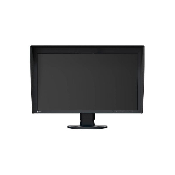 Eizo 27" ColorEdge CG2700S on musta tietokonemonitori, jossa on suorakulmainen näyttö, häikäisemättömät sivupaneelit ja pyöreä jalusta.
