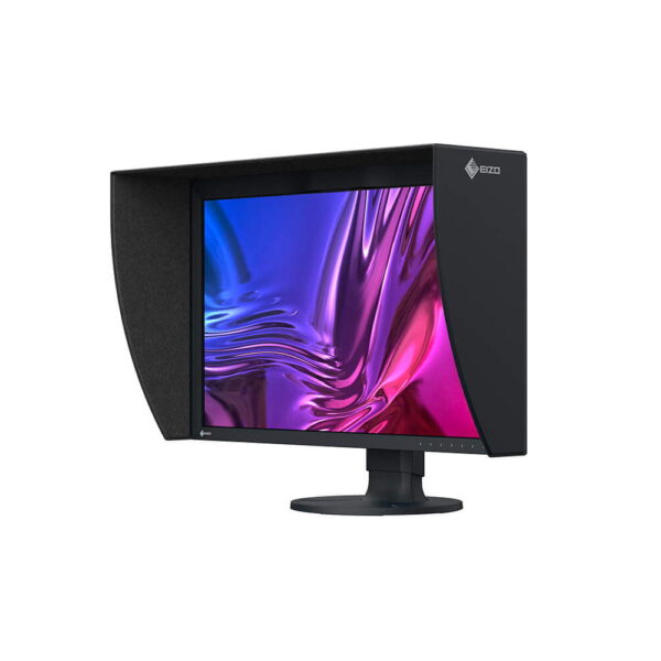 Eizo 27" ColorEdge CG2700S, musta näyttö, jossa on kuvaruutuhuppu, näyttää elinvoimaisen abstraktin kuvan vaaleanpunaisen ja violetin sävyissä, eristettynä valkoiselle taustalle.