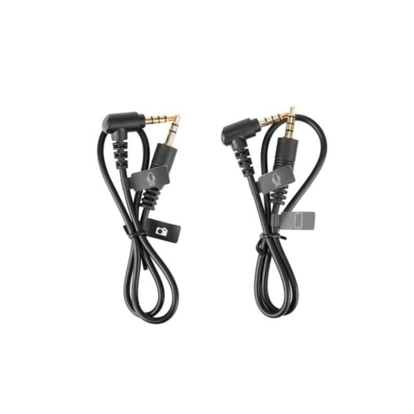 Two black Boya BY-MM1+ condenser microphone audio cables, each with 3.5mm corner connectors and labelled with a camera or smartphone icon, appear on a white background.
