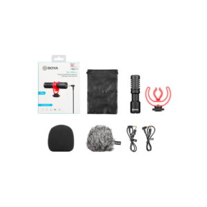 The Boya BY-MM1+ Condenser Microphone Kit includes a microphone, red shock mount, windscreen, fur cover, two cables, carrying bag and retail box - all neatly arranged on a white background.