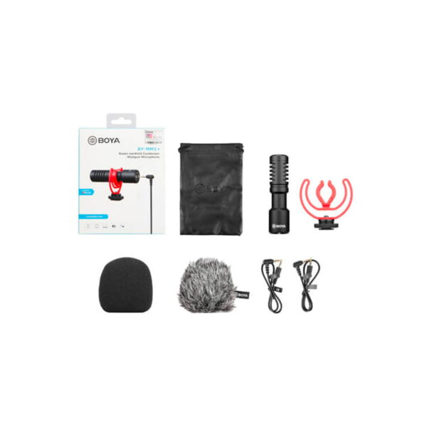 The Boya BY-MM1+ Condenser Microphone Kit includes a microphone, red shock mount, windscreen, fur cover, two cables, carrying bag and retail box - all neatly arranged on a white background.