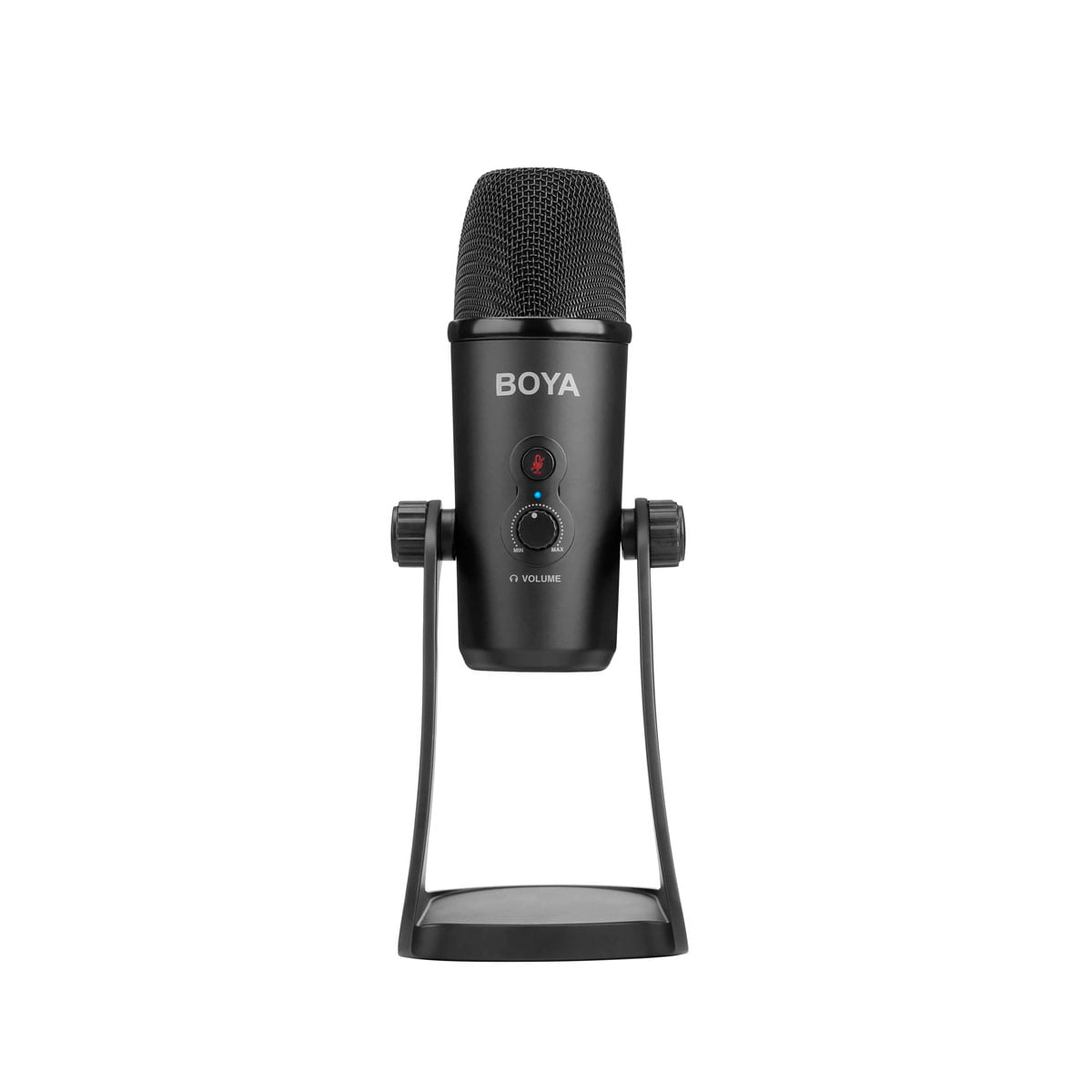 Musta Boya BY-PM700 USB kondensaattorimikrofoni, jossa on verkkopäällinen, äänenvoimakkuuden säädin, mykistyspainike ja merkkivalo, on asennettu jalustalle valkoista taustaa vasten.
